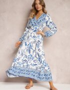 rosa Rochie Maxi Albastră cu Decolteu Petrecut și Elastic în Talie Nerene
