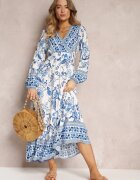 rosa Rochie Maxi Albastră cu Decolteu Petrecut și Elastic în Talie Nerene