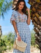 rosa Rochie Maxi Albastru deschis cu Mânecă scurtă și Elastic în talie Emaya
