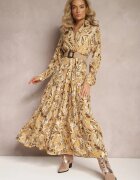 rosa Rochie Maxi Bej Deschis cu Guler și Curea Împletită Pertitus