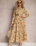 rosa Rochie Maxi Bej Deschis cu Guler și Curea Împletită Pertitus
