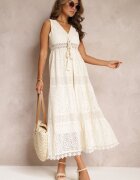 rosa Rochie Maxi Bej din dantelă cu legătură la decolteu Nodaia