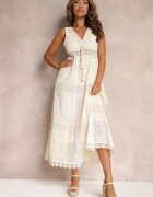 rosa Rochie Maxi Bej din dantelă cu legătură la decolteu Nodaia