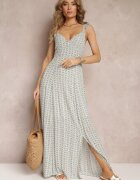 rosa Rochie Maxi Cloche Albastră și Albă cu Bretele Decorative și Decolteu Adânc din Viscoză Jesa
