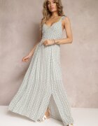 rosa Rochie Maxi Cloche Albastră și Albă cu Bretele Decorative și Decolteu Adânc din Viscoză Jesa