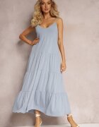 rosa Rochie maxi de bumbac albastru deschis cu bretele legate și volan evazat Mariones