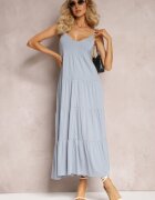 rosa Rochie maxi de bumbac albastru deschis cu bretele legate și volan evazat Mariones