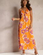 rosa Rochie Maxi de satin Portocalie cu flori cu aplicații la decolteu Benna