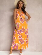 rosa Rochie Maxi de satin Portocalie cu flori cu aplicații la decolteu Benna