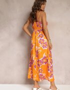rosa Rochie Maxi de satin Portocalie cu flori cu aplicații la decolteu Benna