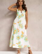 rosa Rochie Maxi din satin Alb-Verde cu flori și decorațiune la decolteu Benna