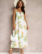 rosa Rochie Maxi din satin Alb-Verde cu flori și decorațiune la decolteu Benna