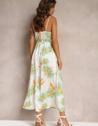 rosa Rochie Maxi din satin Alb-Verde cu flori și decorațiune la decolteu Benna