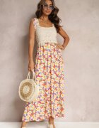 rosa Rochie maxi Galben-Roșie din viscoză florală cu decolteu pătrat Alten