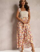 rosa Rochie maxi Galben-Roșie din viscoză florală cu decolteu pătrat Alten