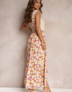rosa Rochie maxi Galben-Roșie din viscoză florală cu decolteu pătrat Alten