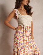 rosa Rochie maxi Galben-Roșie din viscoză florală cu decolteu pătrat Alten
