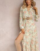 rosa Rochie maxi Mentă cu curea împletită și elastic în talie cu flori Elanisa