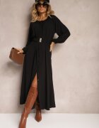 rosa Rochie Maxi Neagră cu croială lejeră cu nasturi și o curea cu cataramă metalică Ferian