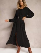 rosa Rochie Maxi Neagră cu croială lejeră cu nasturi și o curea cu cataramă metalică Ferian