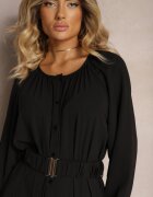 rosa Rochie Maxi Neagră cu croială lejeră cu nasturi și o curea cu cataramă metalică Ferian