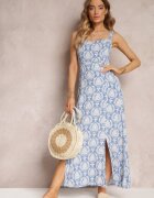 rosa Rochie Maxi Vâscoză Albastră cu Imprimeu Floral și Benzi Elastice Subțiri Janitza