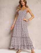 rosa Rochie Maxi Verde-Albă cu Bretele Legate și Volănaș La Bază Krosby
