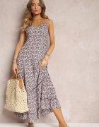rosa Rochie Maxi Verde-Albă cu Bretele Legate și Volănaș La Bază Krosby