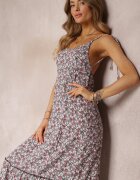 rosa Rochie Maxi Verde-Albă cu Bretele Legate și Volănaș La Bază Krosby
