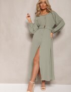 rosa Rochie Maxi Verde închisă cu croială lejeră cu nasturi și curea cu cataramă metalică Ferian