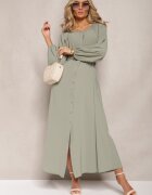rosa Rochie Maxi Verde închisă cu croială lejeră cu nasturi și curea cu cataramă metalică Ferian