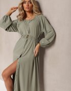 rosa Rochie Maxi Verde închisă cu croială lejeră cu nasturi și curea cu cataramă metalică Ferian