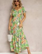 rosa Rochie Maxi Verde-Portocalie din Viscoză cu Imprimeu Floral cu Șnur în Talie Anukka
