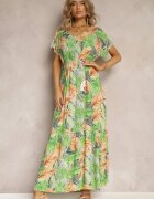 rosa Rochie Maxi Verde-Portocalie din Viscoză cu Imprimeu Floral cu Șnur în Talie Anukka