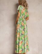 rosa Rochie Maxi Verde-Portocalie din Viscoză cu Imprimeu Floral cu Șnur în Talie Anukka