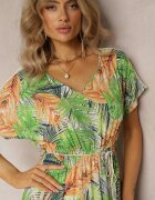 rosa Rochie Maxi Verde-Portocalie din Viscoză cu Imprimeu Floral cu Șnur în Talie Anukka