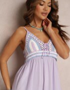 rosa Rochie maxi violetă de bumbac cu top croșetat și elastice la spate Jennesia