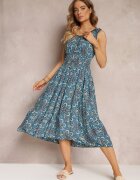 rosa Rochie midi albastră cu flori cu elastice subțiri în talie și volane Jallia
