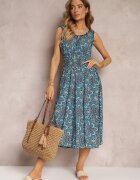 rosa Rochie midi albastră cu flori cu elastice subțiri în talie și volane Jallia