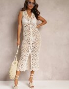 rosa Rochie Midi Bej din Bumbac Mulată cu aspect de cardigan din tricotaj ajurat încheiată cu nasturi Renleia