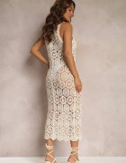 rosa Rochie Midi Bej din Bumbac Mulată cu aspect de cardigan din tricotaj ajurat încheiată cu nasturi Renleia