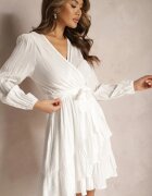 rosa Rochie Midi Cloș Albă cu curea în talie și decolteu petrecut Gemiora