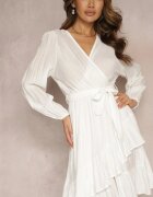 rosa Rochie Midi Cloș Albă cu curea în talie și decolteu petrecut Gemiora
