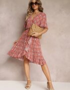 rosa Rochie midi din viscoză roz închis cu decolteu petrecut și elastice în talie Aubria