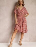 rosa Rochie midi din viscoză roz închis cu decolteu petrecut și elastice în talie Aubria