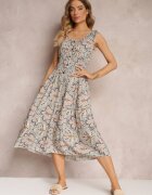 rosa Rochie Midi Florală Mentă-Roz cu Elastice Subțiri în Talie și Volănașe Jallia