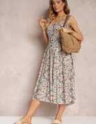 rosa Rochie Midi Florală Mentă-Roz cu Elastice Subțiri în Talie și Volănașe Jallia