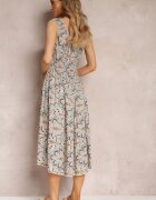 rosa Rochie Midi Florală Mentă-Roz cu Elastice Subțiri în Talie și Volănașe Jallia