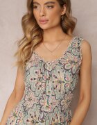 rosa Rochie Midi Florală Mentă-Roz cu Elastice Subțiri în Talie și Volănașe Jallia