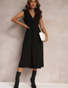 rosa Rochie Midi Neagră cu croială evazată cu nod decorativ și fantă Zanondia